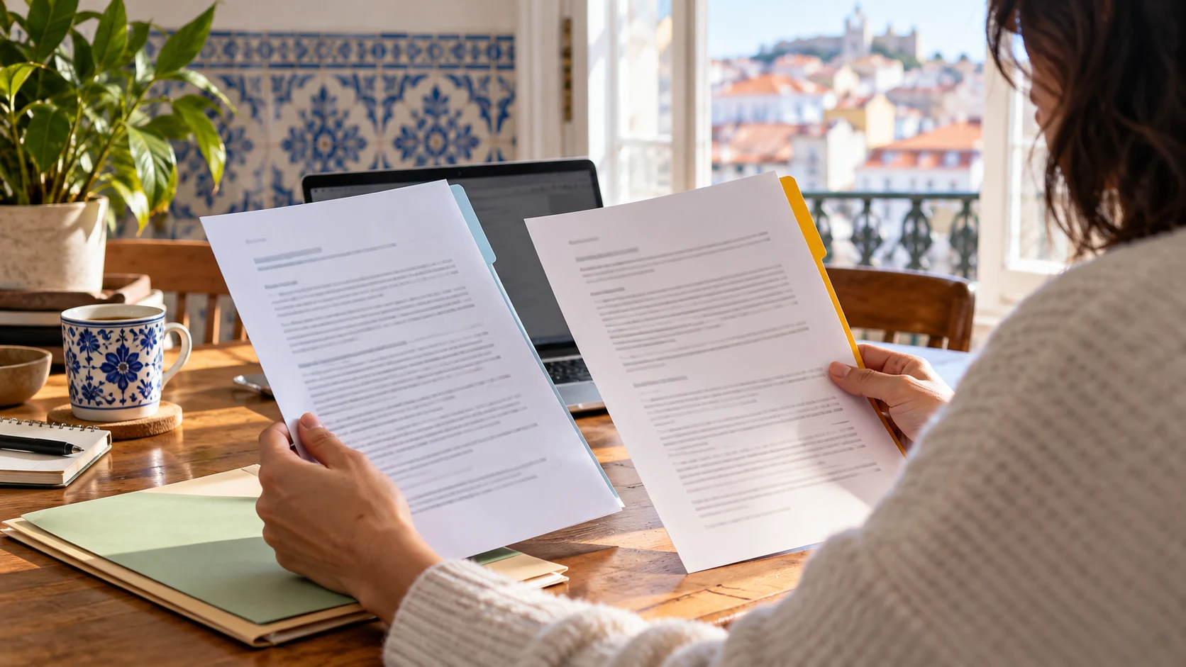 A reader comparing paperwork and translation
