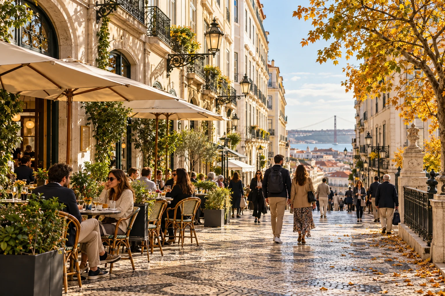 An illustrated autumn street scene in Lisbon