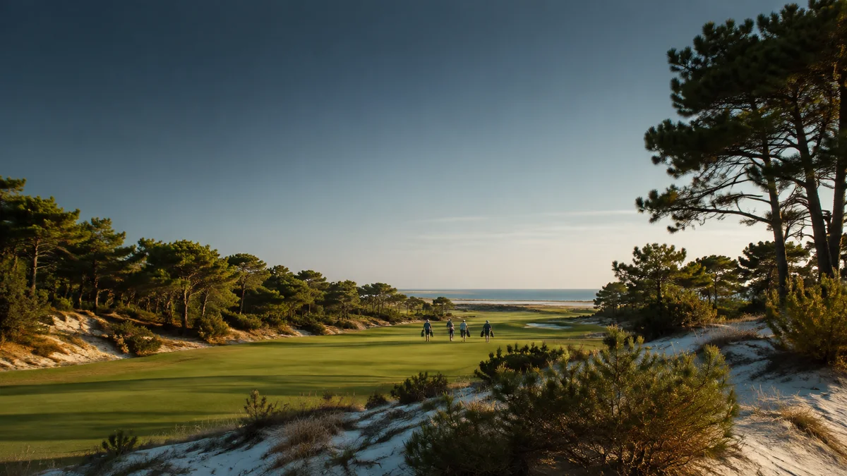 Çam ağaçları ve kumluk peyzaj içindeki bir golf sahasını gösteren temsili illüstrasyon.