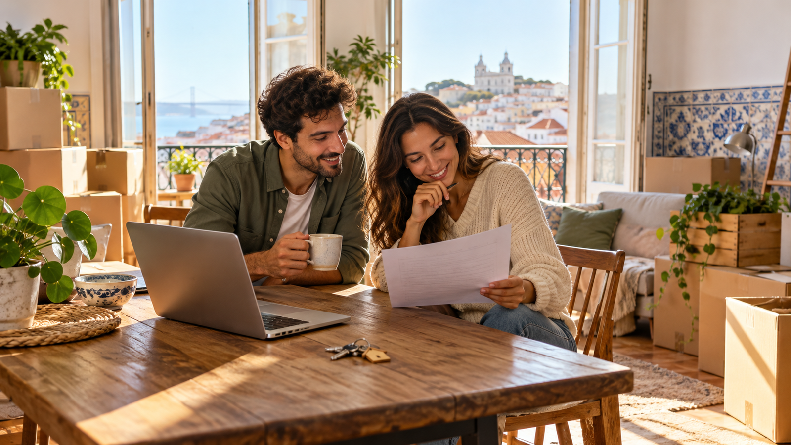 Couple settling into a Portugal home, illustrative image