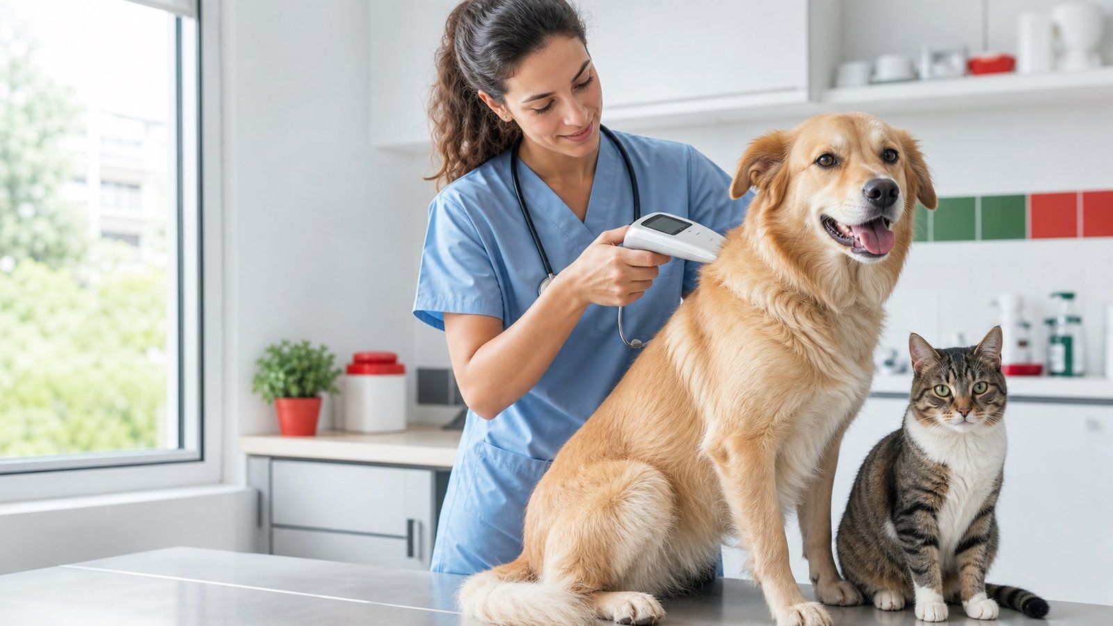 A veterinarian in Portugal scanning a dog's microchip with a cat nearby