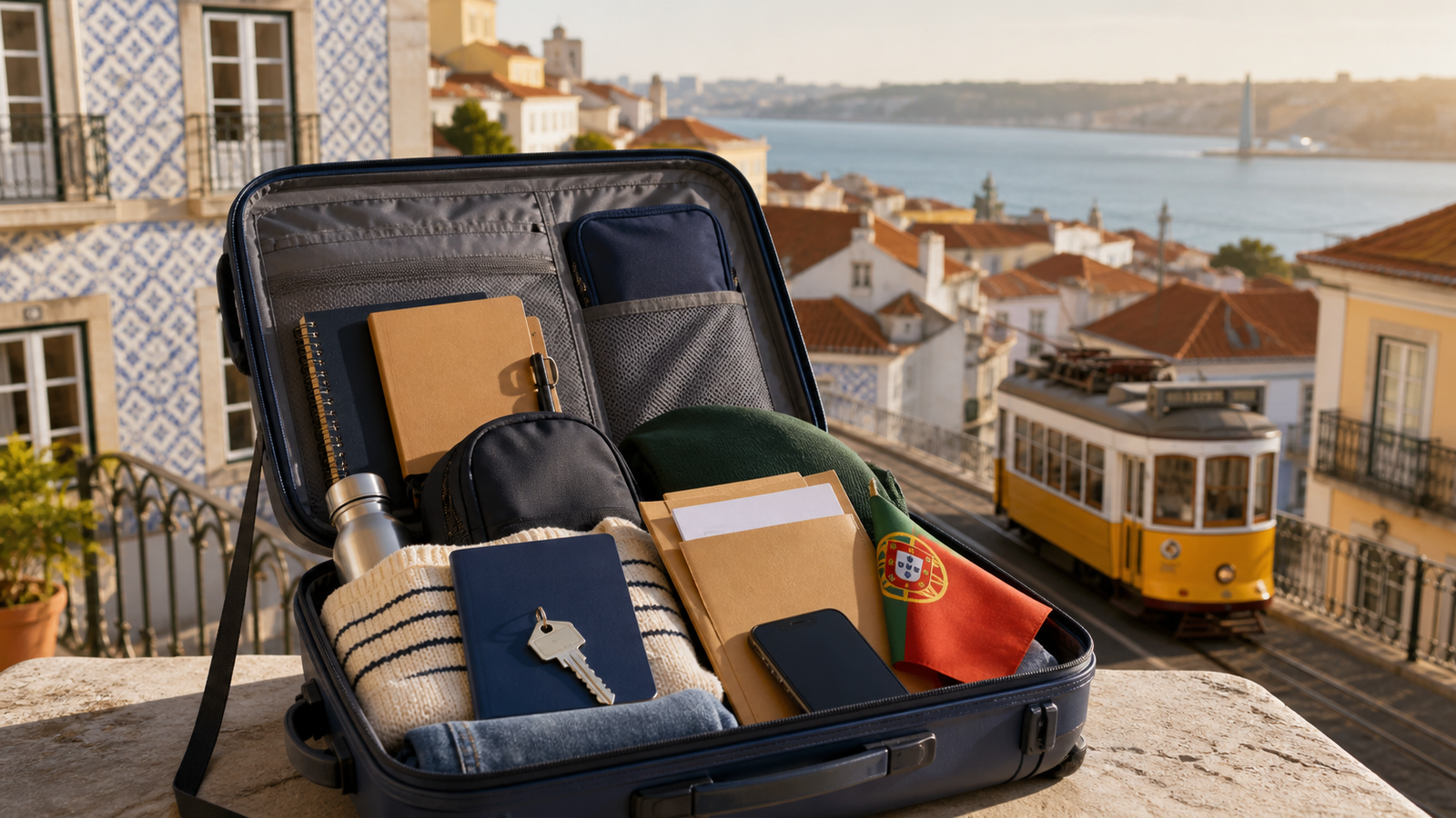 Moving to Portugal preparation with suitcase, documents, key and Lisbon view